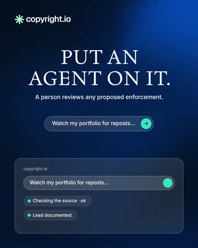 Instagram portrait post for copyright.io: "Put an agent on it." Agentic glass style, centred layout, dark palette in blue, black.
