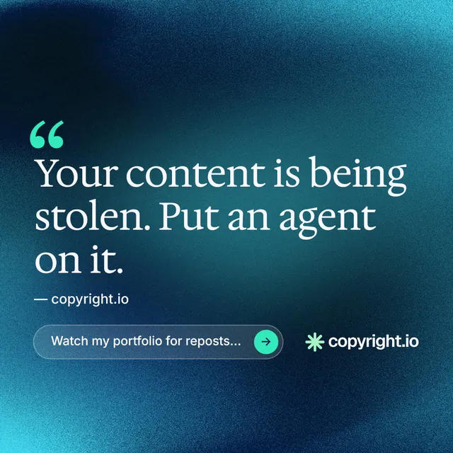 Instagram post for copyright.io: "Your content is being stolen." Agentic glass style, quote layout, dark palette in blue, teal.