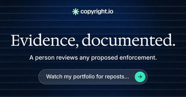 Social ad for copyright.io: "Evidence, documented." Agentic glass style, skeleton layout, dark palette in black, blue, grey.