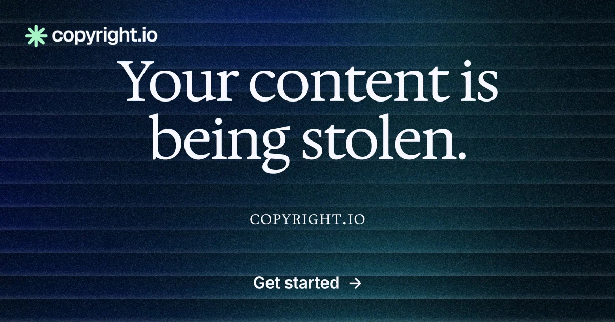 Social ad for copyright.io: "Your content is being stolen." Agentic glass style, smallcaps layout, dark palette in blue, black.
