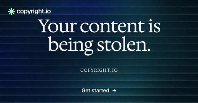 Social ad for copyright.io: "Your content is being stolen." Agentic glass style, smallcaps layout, dark palette in blue, black.
