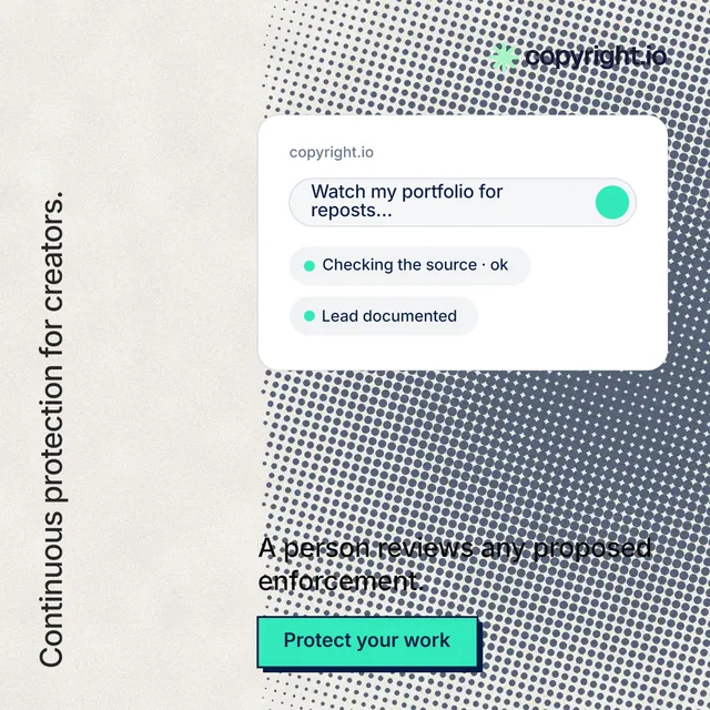 Instagram post for copyright.io: "Continuous protection for creators." Brutalist style, vertical layout, light palette in grey, white.