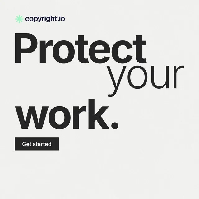 Instagram post for copyright.io: "Protect your work." Swiss style, stacked layout, light palette in white, grey.
