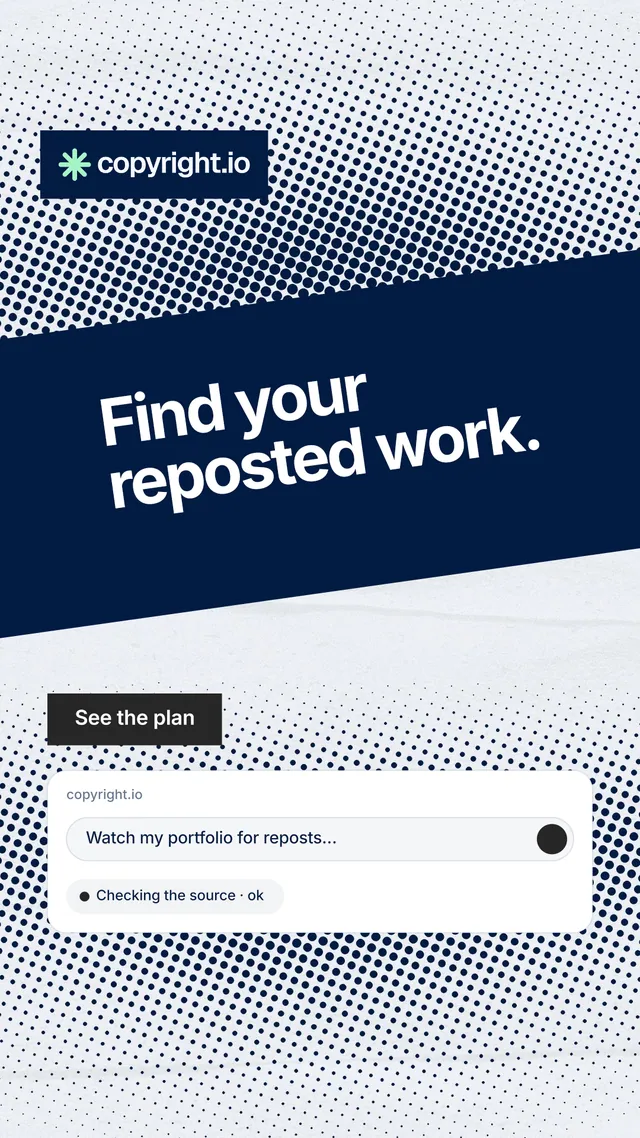 Instagram story for copyright.io: "Find your reposted work." Swiss style, diagonal layout, light palette in blue, white, grey.