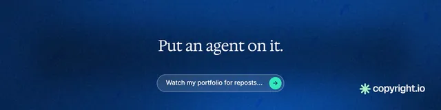 LinkedIn banner for copyright.io: "Put an agent on it." Agentic glass style, centred layout, dark palette in blue.