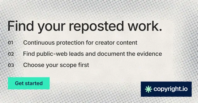 Social ad for copyright.io: "Find your reposted work." Swiss style, numbered layout, light palette in white, yellow, green.