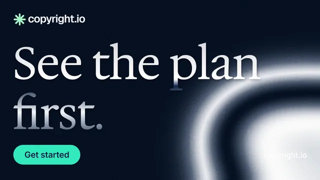 Landscape graphic for copyright.io: "See the plan first." Y2K style, poster layout, dark palette in black, grey, blue.