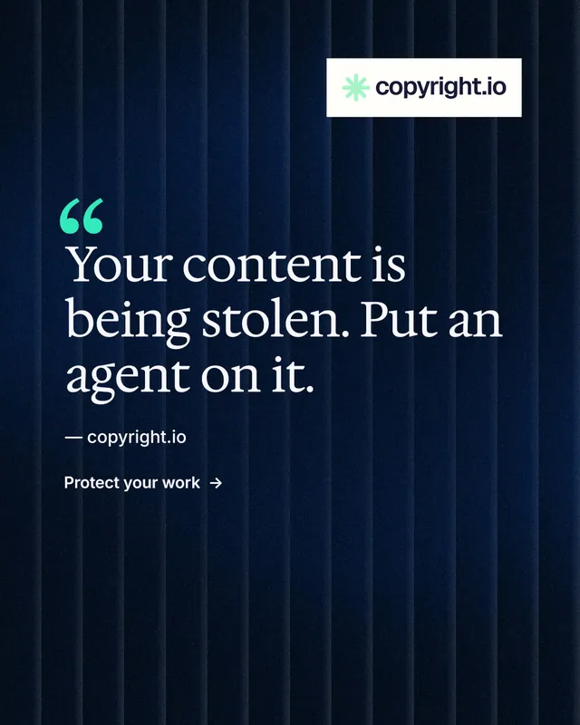 Instagram portrait post for copyright.io: "Continuous protection for creators." Minimal luxury style, quote layout, dark palette in black, blue, grey.