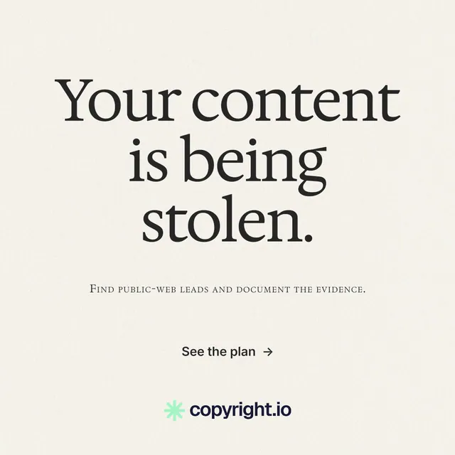 Instagram post for copyright.io: "Your content is being stolen." Swiss style, smallcaps layout, light palette in white, grey.