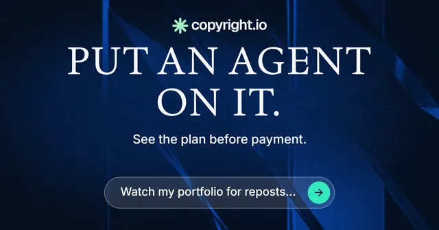 Social ad for copyright.io: "Put an agent on it." Agentic glass style, centred layout, dark palette in black, blue.