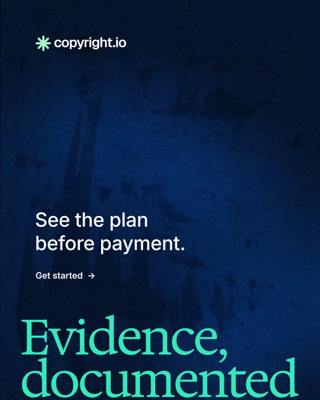 Instagram portrait post for copyright.io: "Find your reposted work." Minimal luxury style, oversized layout, dark palette in blue, black.