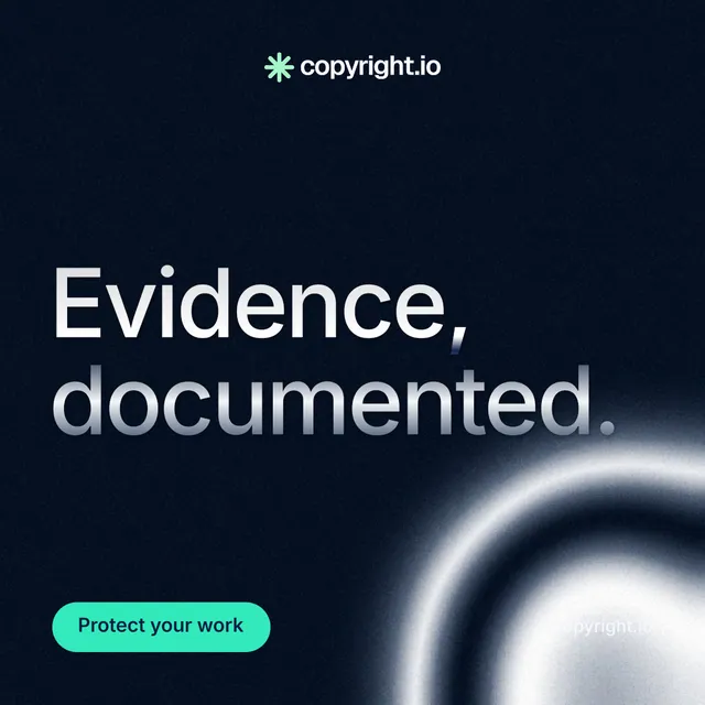 Instagram post for copyright.io: "Evidence, documented." Y2K style, poster layout, dark palette in black, grey.