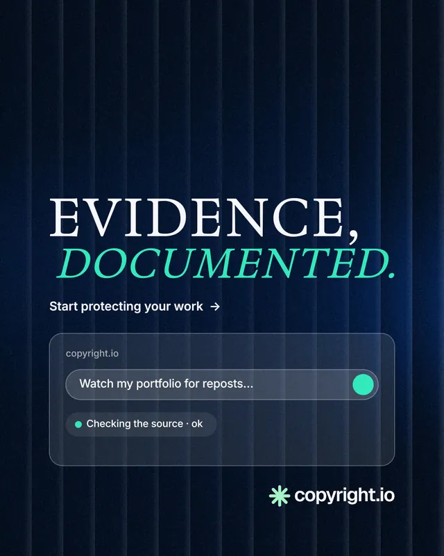 Instagram portrait post for copyright.io: "Evidence, documented." Minimal luxury style, stacked layout, dark palette in black, blue.
