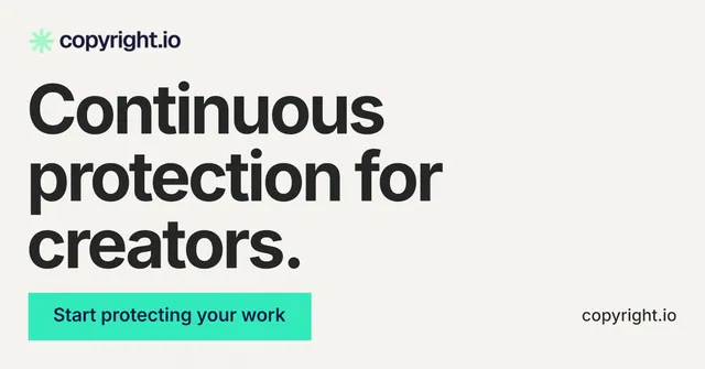 Social ad for copyright.io: "Continuous protection for creators." Swiss style, poster layout, light palette in white, grey, green.