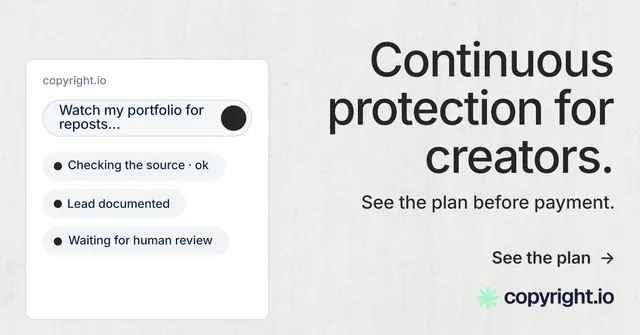 Social ad for copyright.io: "Continuous protection for creators." Minimal luxury style, right layout, light palette in white, grey.