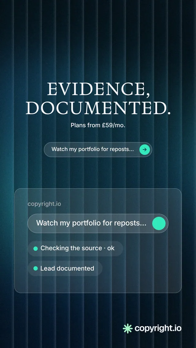 Instagram story for copyright.io: "Evidence, documented." Agentic glass style, centred layout, dark palette in black, blue.