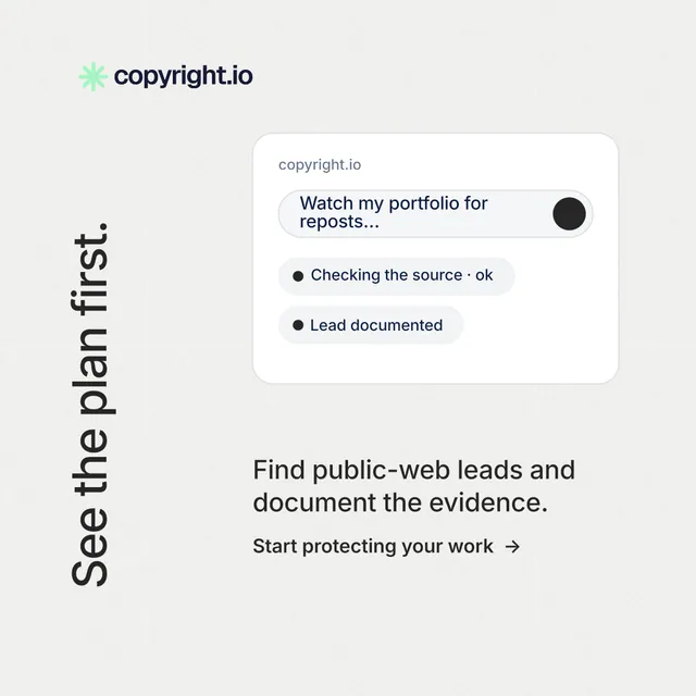 Instagram post for copyright.io: "See the plan first." Minimal luxury style, vertical layout, light palette in white.