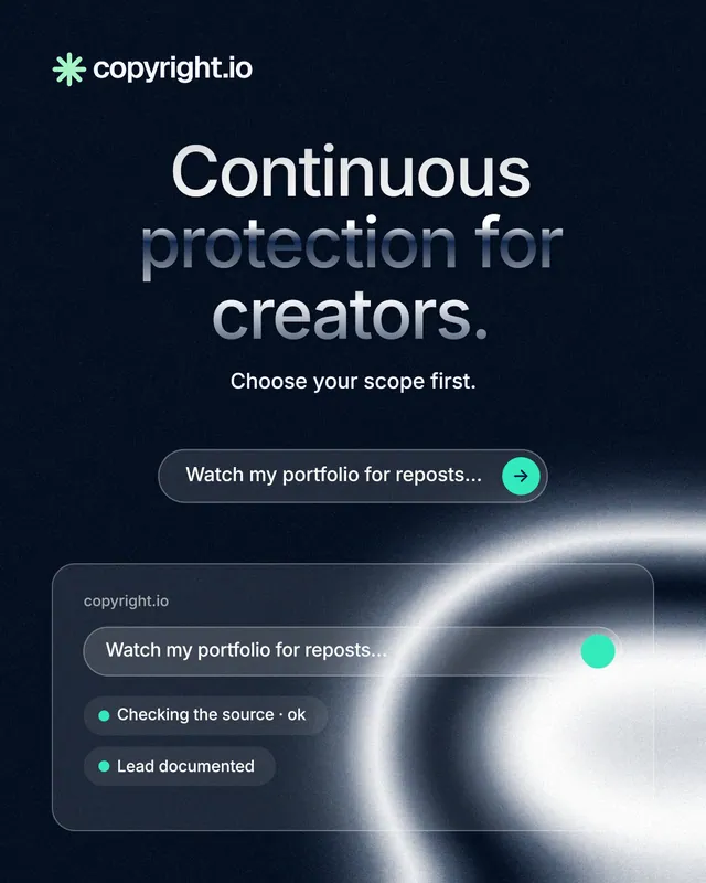Instagram portrait post for copyright.io: "Continuous protection for creators." Agentic glass style, centred layout, dark palette in black, blue, grey.