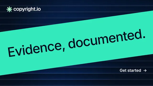 Landscape graphic for copyright.io: "Evidence, documented." Minimal luxury style, diagonal layout, dark palette in teal, black, blue.