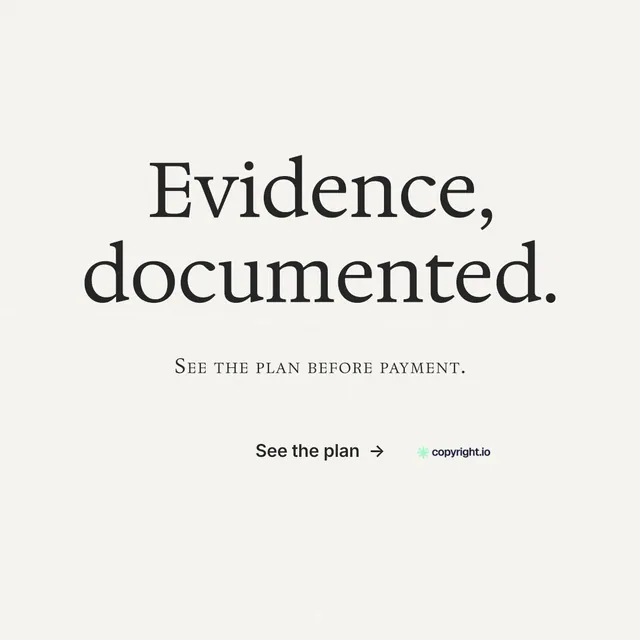 Instagram post for copyright.io: "Evidence, documented." Minimal luxury style, smallcaps layout, light palette in white, grey.