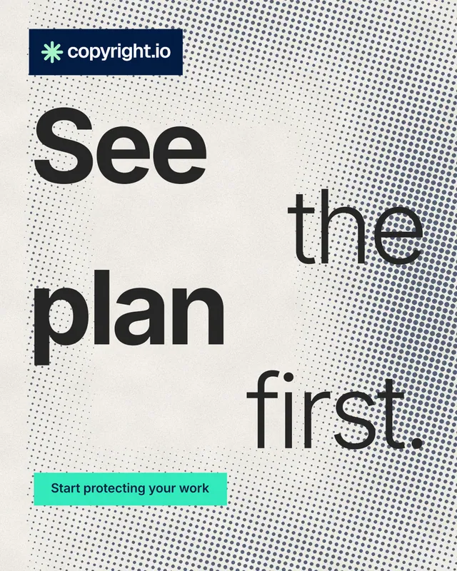 Instagram portrait post for copyright.io: "See the plan first." Swiss style, stacked layout, light palette in grey, yellow, white.