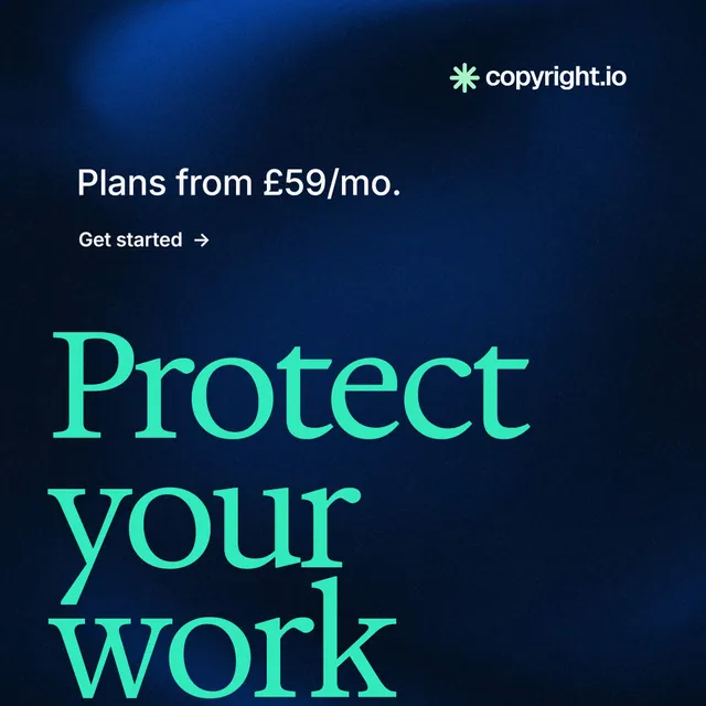 Instagram post for copyright.io: "Reposts don't remove themselves." Minimal luxury style, oversized layout, dark palette in black, blue, teal.