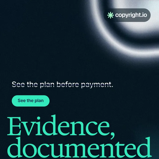 Instagram post for copyright.io: "Evidence, documented." Y2K style, oversized layout, dark palette in black, teal.