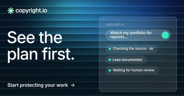 Social ad for copyright.io: "See the plan first." Minimal luxury style, bottom layout, dark palette in black, blue.