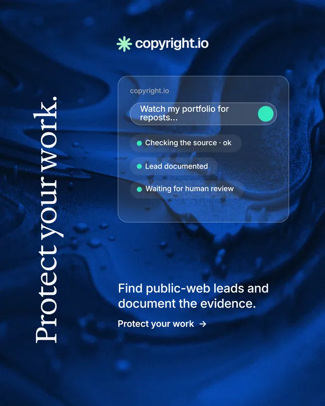 Instagram portrait post for copyright.io: "Protect your work." Minimal luxury style, vertical layout, dark palette in black, blue.