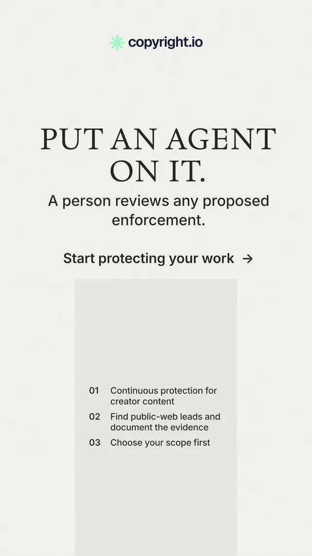 Instagram story for copyright.io: "Put an agent on it." Minimal luxury style, skeleton layout, light palette in white.