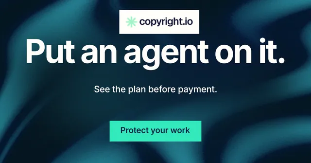 Social ad for copyright.io: "Put an agent on it." Swiss style, centred layout, dark palette in blue, black, teal.