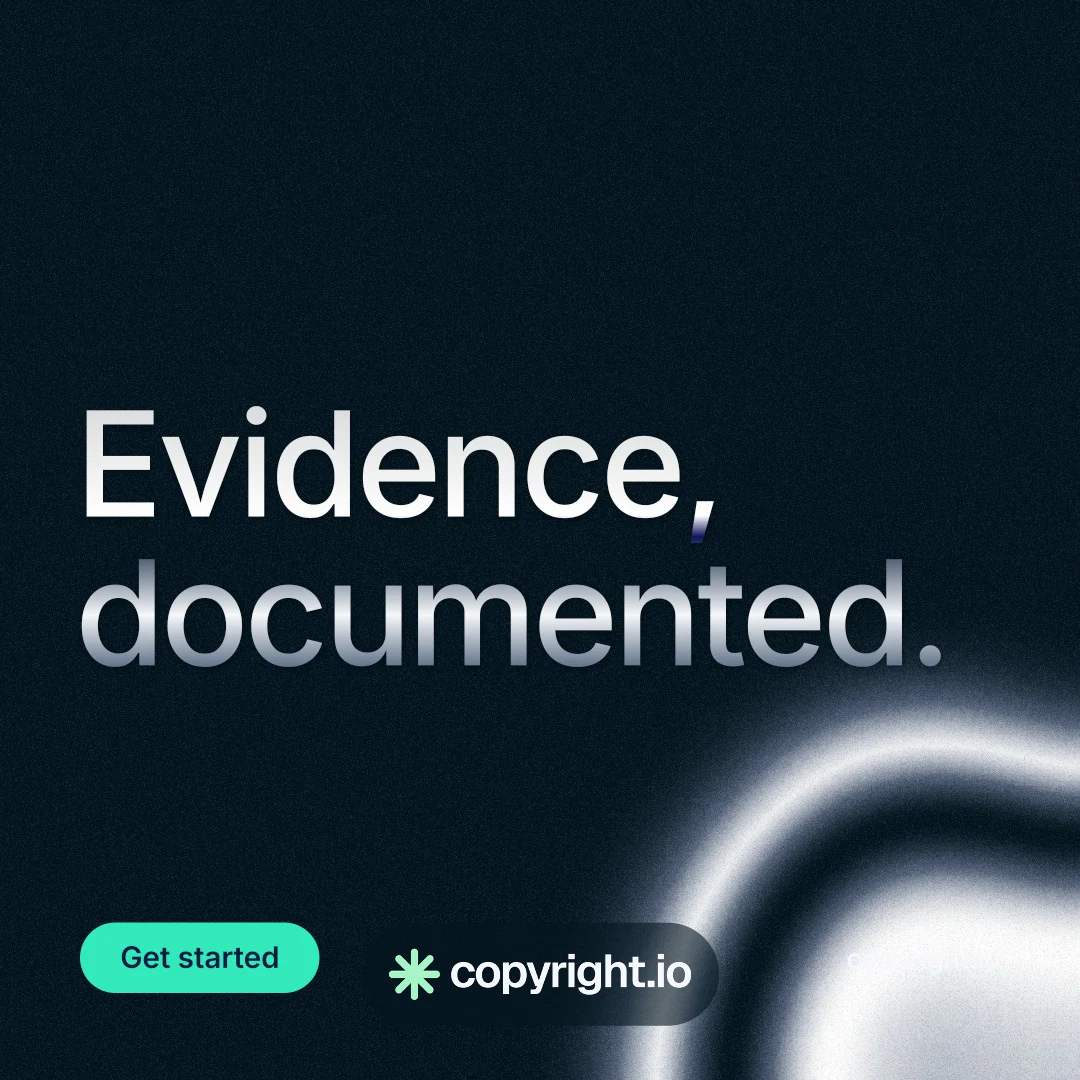 Instagram post for copyright.io: "Evidence, documented." Y2K style, poster layout, dark palette in black, grey.