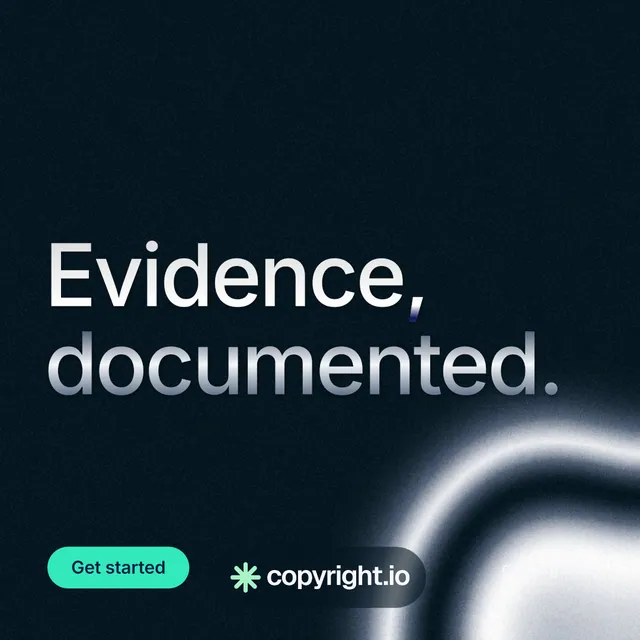 Instagram post for copyright.io: "Evidence, documented." Y2K style, poster layout, dark palette in black, grey.