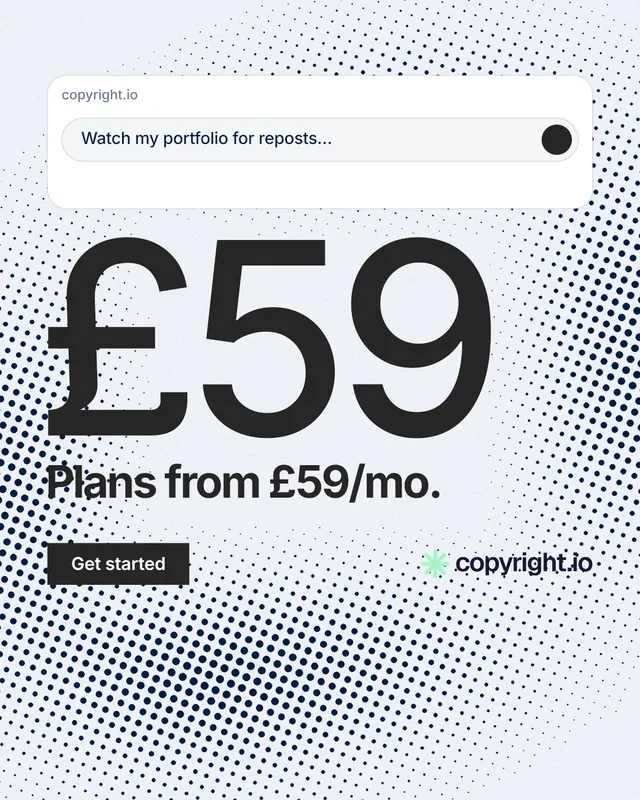 Instagram portrait post for copyright.io: "Find your reposted work." Swiss style, stat layout, light palette in blue, white, grey.