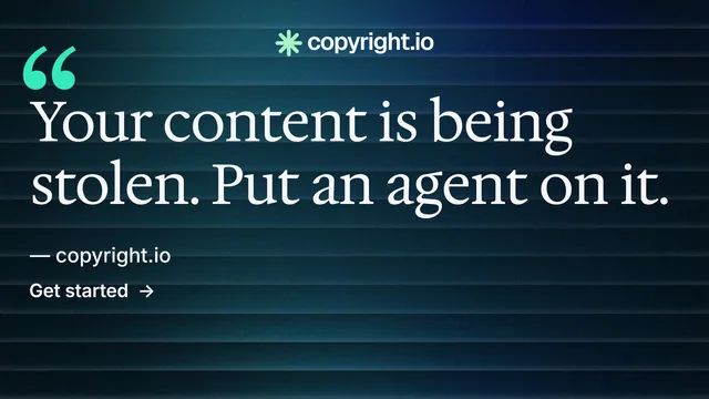 Landscape graphic for copyright.io: "Your content is being stolen." Minimal luxury style, quote layout, dark palette in blue, black.