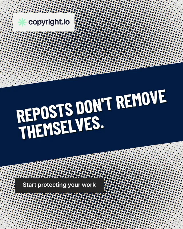 Instagram portrait post for copyright.io: "Reposts don't remove themselves." Retro print style, diagonal layout, light palette in blue, grey, white.