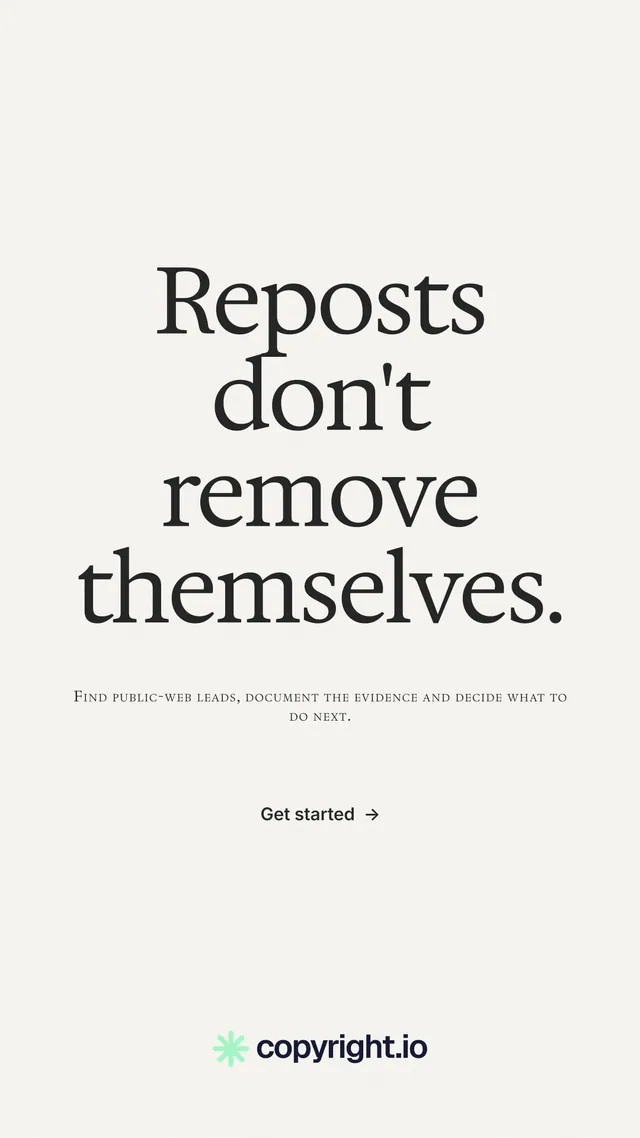 Instagram story for copyright.io: "Reposts don't remove themselves." Editorial style, smallcaps layout, light palette in white, grey.