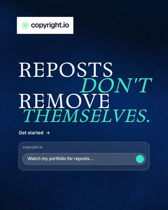 Instagram portrait post for copyright.io: "Reposts don't remove themselves." Minimal luxury style, stacked layout, dark palette in blue, black.