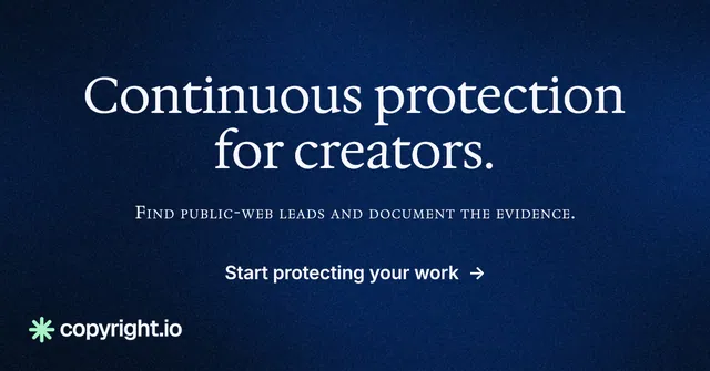 Social ad for copyright.io: "Continuous protection for creators." Minimal luxury style, smallcaps layout, dark palette in blue, black.