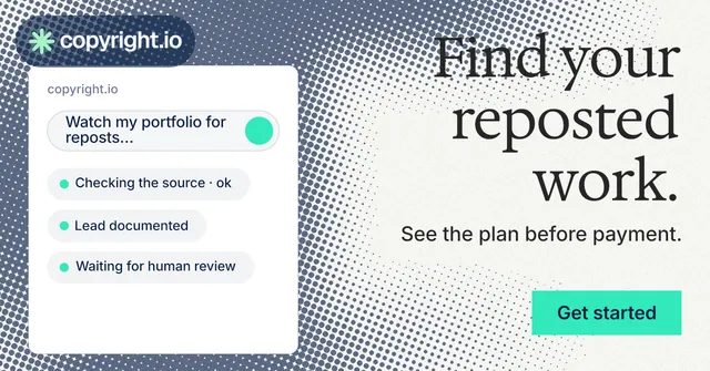 Social ad for copyright.io: "Find your reposted work." Split block style, right layout, light palette in white, grey.