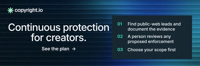 X header for copyright.io: "Continuous protection for creators." Minimal luxury style, skeleton layout, dark palette in blue, black.