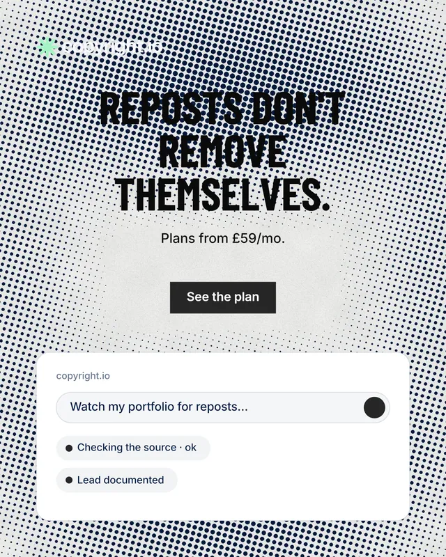 Instagram portrait post for copyright.io: "Reposts don't remove themselves." Retro print style, centred layout, light palette in grey, white.