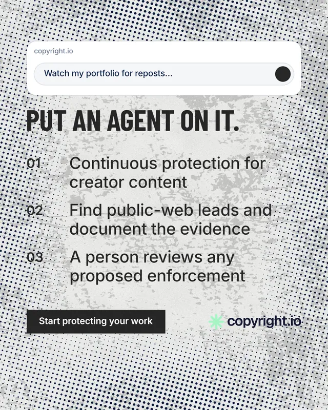 Instagram portrait post for copyright.io: "Put an agent on it." Retro print style, numbered layout, light palette in grey, white.