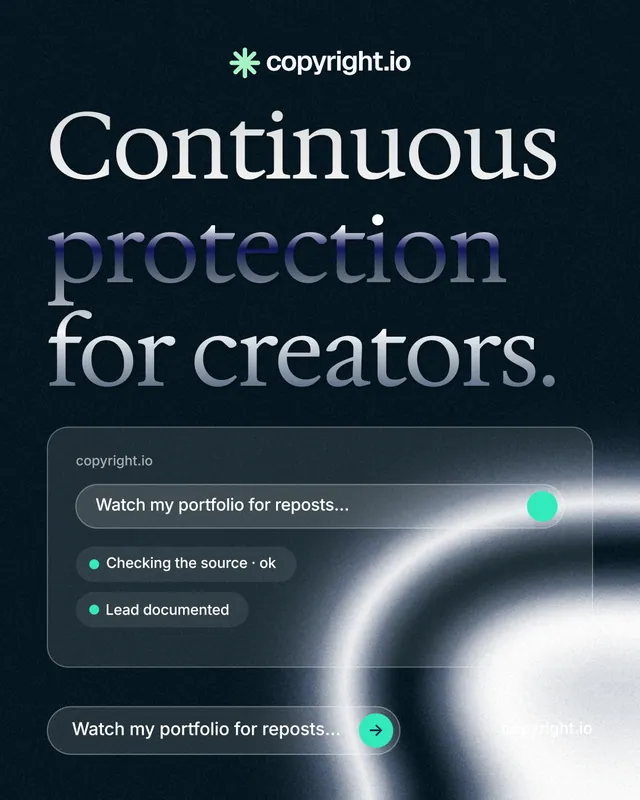 Instagram portrait post for copyright.io: "Continuous protection for creators." Agentic glass style, poster layout, dark palette in black, blue, grey.