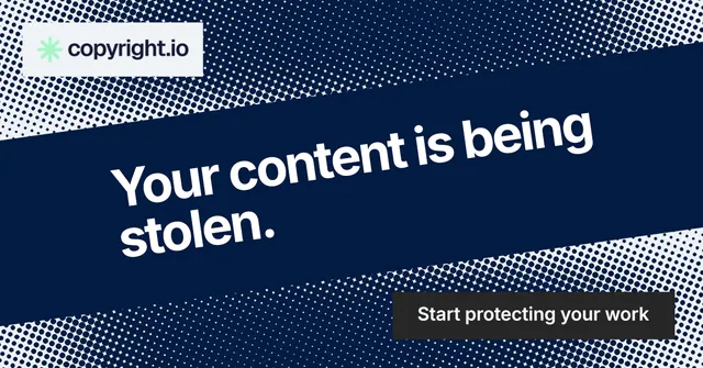 Social ad for copyright.io: "Your content is being stolen." Swiss style, diagonal layout, dark palette in blue, grey.