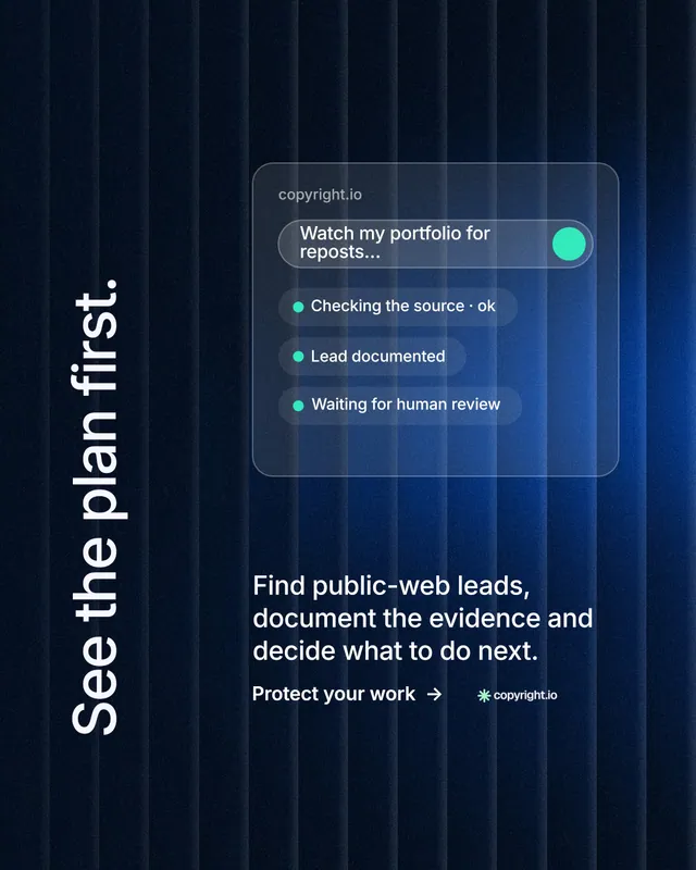 Instagram portrait post for copyright.io: "See the plan first." Minimal luxury style, vertical layout, dark palette in black, blue.