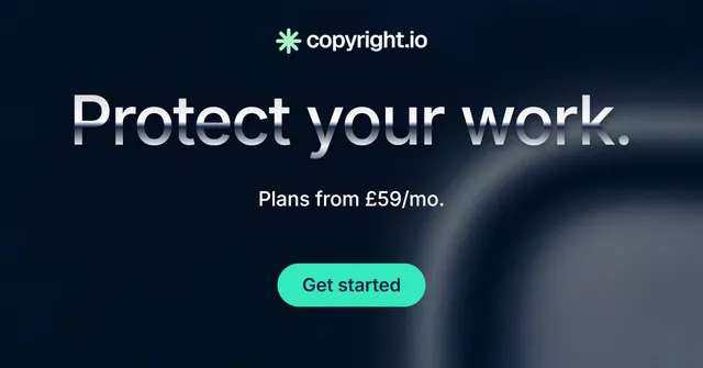Social ad for copyright.io: "Protect your work." Y2K style, centred layout, dark palette in black, blue, grey.