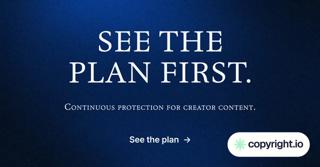 Social ad for copyright.io: "See the plan first." Agentic glass style, smallcaps layout, dark palette in blue, black.