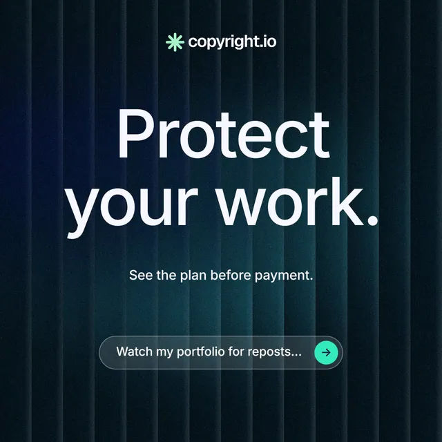 Instagram post for copyright.io: "Protect your work." Agentic glass style, centred layout, dark palette in black, blue, grey.