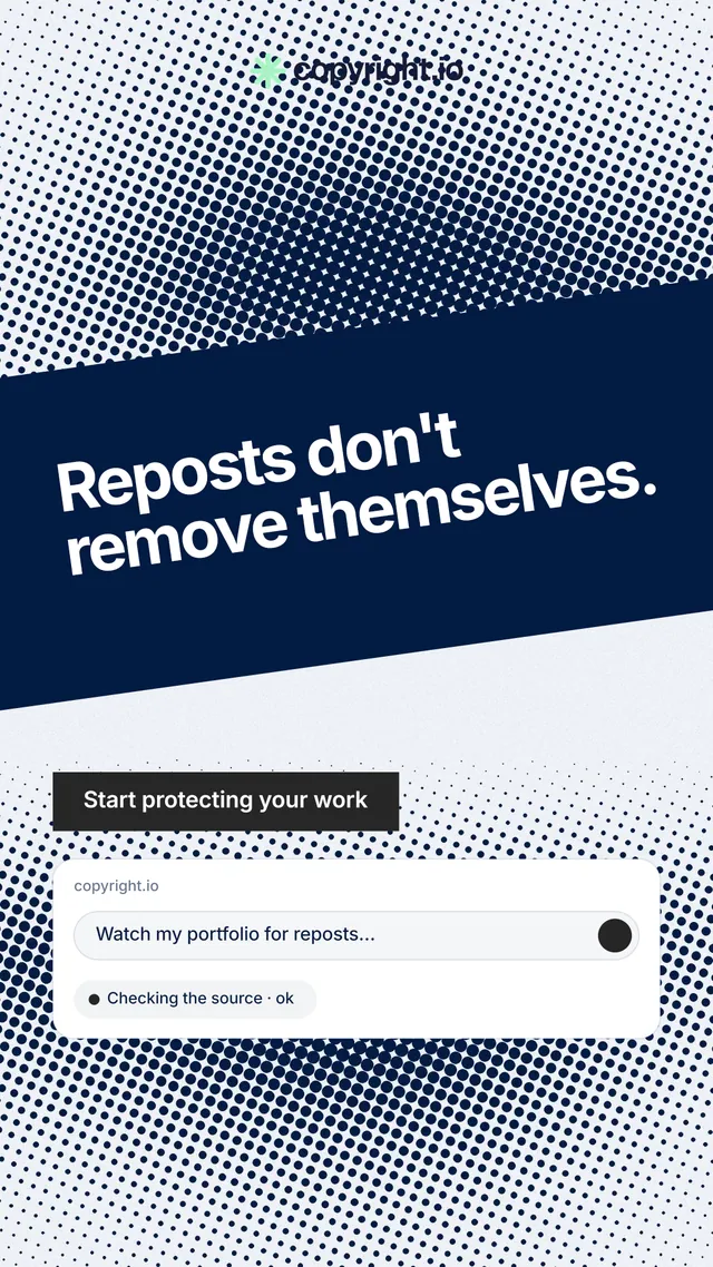 Instagram story for copyright.io: "Reposts don't remove themselves." Swiss style, diagonal layout, light palette in blue, grey, white.